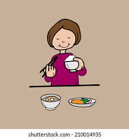 Woman has meal with rice Asian style