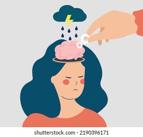 Woman Has Mental Health Gets Care Treatment From A Psychologist. Specialist Doctor Helps And Supports A Female Suffers From Depression And Stress. Mental Illness And Psychology Therapy Concept. Vector