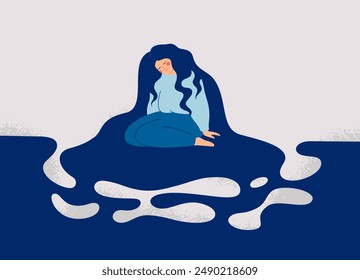 Woman has mental health problem: ptsd, Depression, Anxiety, phobias or mood disorders. Sad girl with dark and odd thoughts in psychology crisis and sadness. Vector illustration