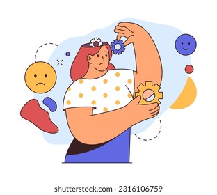 Woman has mental problems, setting order in mind, flat cartoon vector illustration. Sad person changing mood, faceless character in depression, split personality