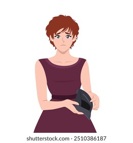 Woman has no money showing empty wallet. Flat Vector Illustration isolated on White Background