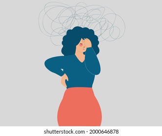 Woman has a panic attack and can't stand up. Girl suffers from chest pain due to shortness of breath. Female with mental health disorders feeling stressed, depressed and dizzy. Psychological problems.