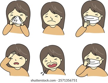 A woman has pollen allergy or cold. Some illness. fever, cough, sneeze, itchy eyes and running nose.