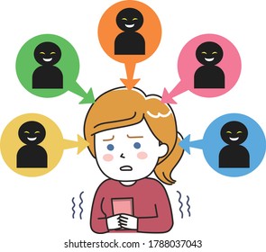 Woman has a lot of problems with online slander. Isolated on white background.