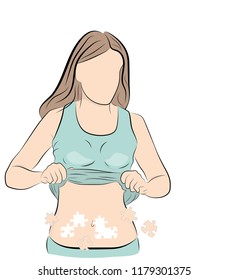 the woman has puzzles on her stomach. losing weight. excess weight. vector illustration.