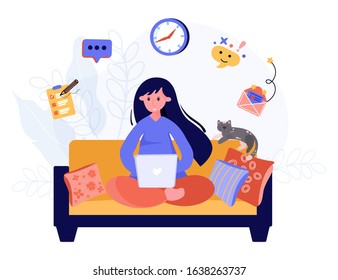Woman has remote office home. Freelance worker concept. Student learns online on the sofa. Writer works with laptop. Lady is chatting in social media. Vector flat illustration.