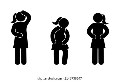 a woman has a stomachache, a pregnant woman icon, pain illustration, a set of human silhouettes, a symptom of diseases