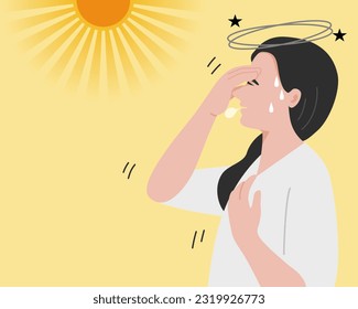 A woman has sunstroke, exhausting and dizzying. Flat vector illustration.