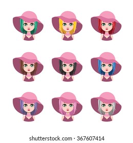 Woman with hat - 9 different hair colors ( flat colors )