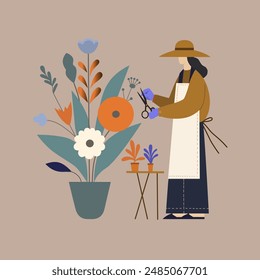 A woman in a hat and apron is working on a floral arrangement. She is holding scissors and trimming large, colorful flowers in a pot. The illustration is in a flat style, featuring earthy tones.  