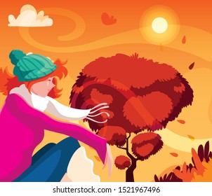 woman with hat in autumn landscape vector illustration design