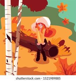 woman with hat in autumn landscape vector illustration design