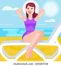 Woman in hat and bathing suit, at sea, sitting on a deck chair. Vector flat illustration