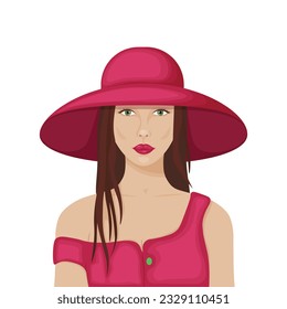 The woman in the hat. A beautiful lady in a red hat with a large brim and a red jacket. A woman in red clothes, with long hair and bright makeup. Vector illustration isolated on a white background