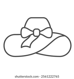 Woman hat with big bow thin line icon, summertime headwear concept. Vector graphics. Lady summer hat sign on white background, outline style icon for mobile or web design