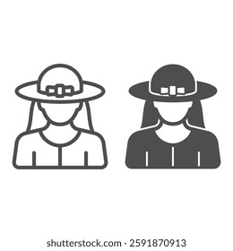 Woman and hat with bow line and solid icon, mother day concept. Vector graphics. Young woman avatar sign on white background, outline style icon for mobile or web design
