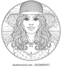 Woman in a hat by the sea  in a round frame.Coloring book antistress for children and adults. Illustration isolated on white background.Zen-tangle style. Hand draw