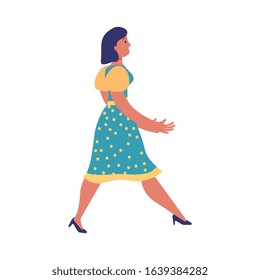 woman with hat cartoon walking. vector illustration