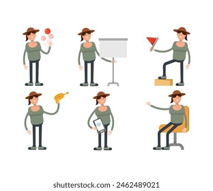 woman with hat characters in various poses vector illustration