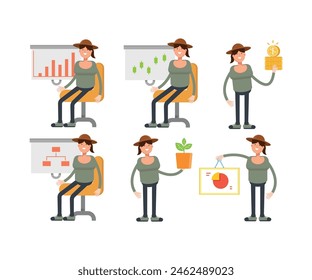 mujer con personajes de sombrero en varias poses Ilustración vectorial