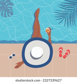  Woman with hat and cocktail glass sitting by the pool. Top veiw. Vector flat cartoon illustration