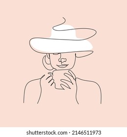 Woman in a hat with coffee in her hands in one line