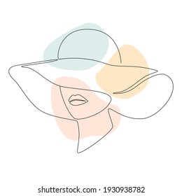 Woman in hat Continuous one line art. Vector Minimalist portrait of female with abstract pastel shape for a logo, emblem or web banner. Beauty modern illustration