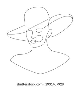 Woman in hat Continuous one line art. Vector Minimalistic portrait of female for a logo, emblem or web banner. Abstract Black and white illustration