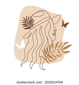 Woman in hat Continuous one line art. Minimalist portrait of female with abstract pastel shape for a logo, emblem or web banner. Beauty boho modern illustration