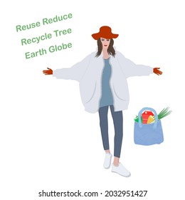 Woman in a hat with a cotton eco-fabric bag with a set of products. Eco-friendly tote bag. Reusable shopping bag. Say no to plastic. Vector illustration.