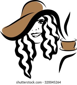 woman in a hat with a cup of tea or coffee