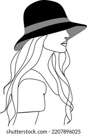 Woman in hat drawing with lines, fashion vector illustration, minimalist, ideal for t-shirt, print design, covers, web