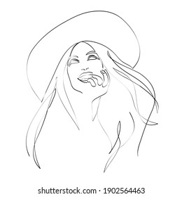 Mujer en el dibujo de sombreros con líneas, boceto rápido, concepto de moda, mujer belleza minimalista, ilustración vectorial para camiseta, diseño impreso, cubiertas, web