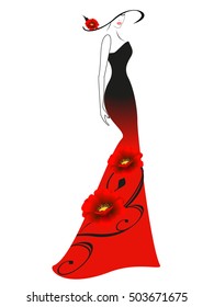 A woman in a hat, dress with red flowers.