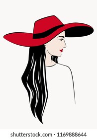 Woman in hat. Face profile. Long black hair. Fashion sketch. Vector illustration. Eps 10. 