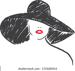 woman in hat, fashion , beauty  vector isolated illustration on white background. Concept for logo, cards, print