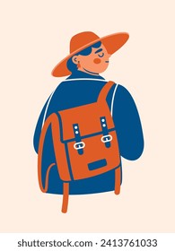 Woman in hat, fashion coat with backpack on one shoulder. Cartoon flat style. Minimalistic vector illustration with young lady, girl, abstract person, character. Traveler, adventures, tourism concept.