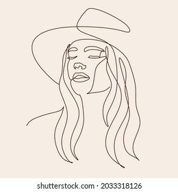 Woman in hat fashion line drawing, black and white illustration. Hand drawn vector element for fashion shop banner, logo, flyer, web design, advertisement. Minimalist portrait of female with abstract 