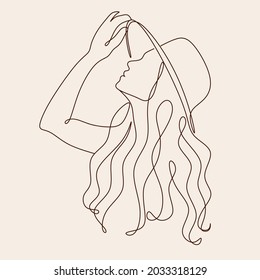 Woman in hat fashion line drawing, black and white illustration. Hand drawn vector element for fashion shop banner, logo, flyer, web design, advertisement. Minimalist portrait of female with abstract 