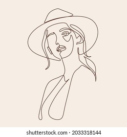 Woman in hat fashion line drawing, black and white illustration. Hand drawn vector element for fashion shop banner, logo, flyer, web design, advertisement. Minimalist portrait of female with abstract 