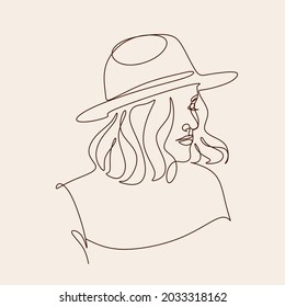 Woman in hat fashion line drawing, black and white illustration. Hand drawn vector element for fashion shop banner, logo, flyer, web design, advertisement. Minimalist portrait of female with abstract 