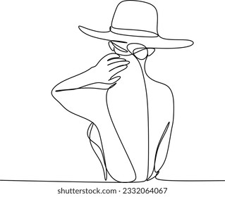 Woman in hat fashion line drawing, black and white illustration. Hand drawn vector element for fashion shop banner, logo, flyer, web design, advertisement