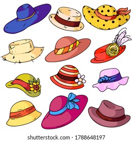 Moda de la mujer. Caricatura aislada de sombreros femeninos de verano con una colección de iconos de cintas de cerda. Estilo de vestir la cabeza retro de una mujer. Ilustración vectorial de diseño de accesorio de Lady