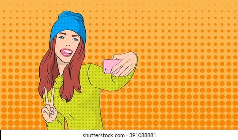 Woman In Hat Girl Taking Selfie Photo On Smart Phone Peace Victory Gesture Pop Art Colorful Retro Style Vector Illustration