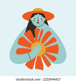 Woman in hat and glasess holding orange flower. Summer, retro concept. Cartoon abstract character. Vector isolated illustration with girl in modern flat style. For sticker, banner, placard