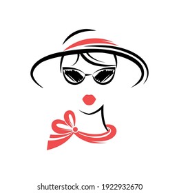 Woman in a hat and in glasses. Avatar. View front. Isolated vector illustration