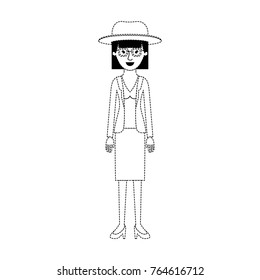 woman with hat and glasses and blouse with jacket and skirt and heel shoes with mushroom hairstyle in black dotted silhouette
