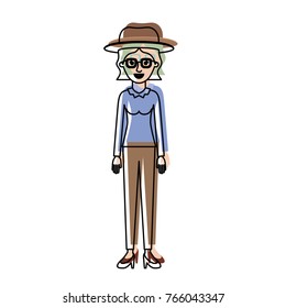 woman with hat and glasses and blouse long sleeve and pants and heel shoes with short wavy hair in watercolor silhouette