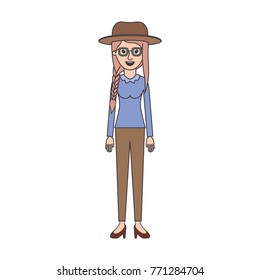 woman with hat and glasses and blouse long sleeve and pants and heel shoes with braid and fringe hairstyle in colorful silhouette