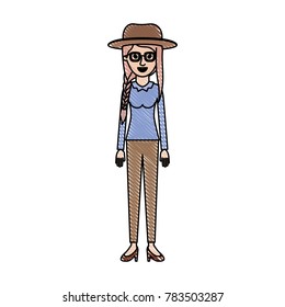woman with hat and glasses and blouse long sleeve and pants and heel shoes with braid and fringe hairstyle in colored crayon silhouette